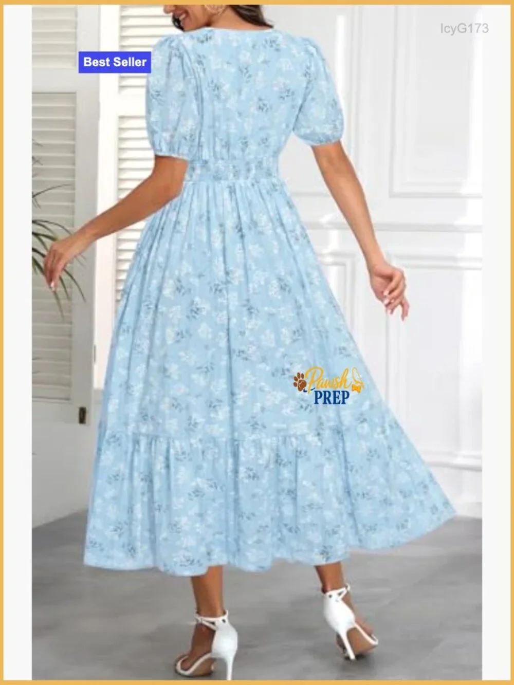 Cotton Midi Maxi Dress with Pockets, Puff Sleeves, V-Neck, Elastic Waist - Picture 4 of 7